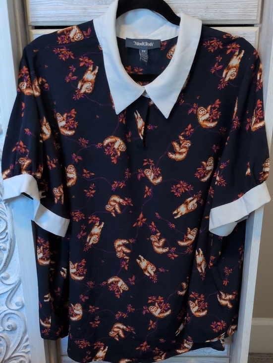 Modcloth Tops - ModCloth Navy Sloth-Print Blouse with White Collar